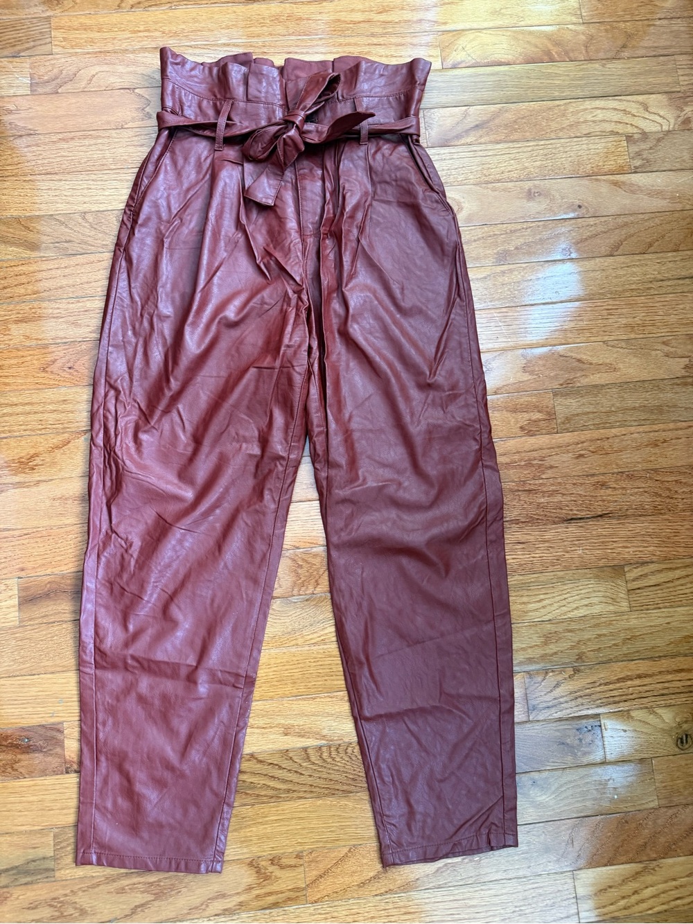 Who What Wear Faux Leather Paperbag Waist Pants Oxblood Red 4